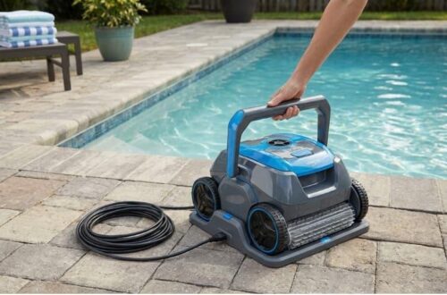 A cordless pool cleaner in a tidy residential poolside setting designed for easy everyday use